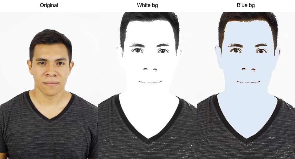 Original portrait, then the same photo on a white background and on a light-blue background