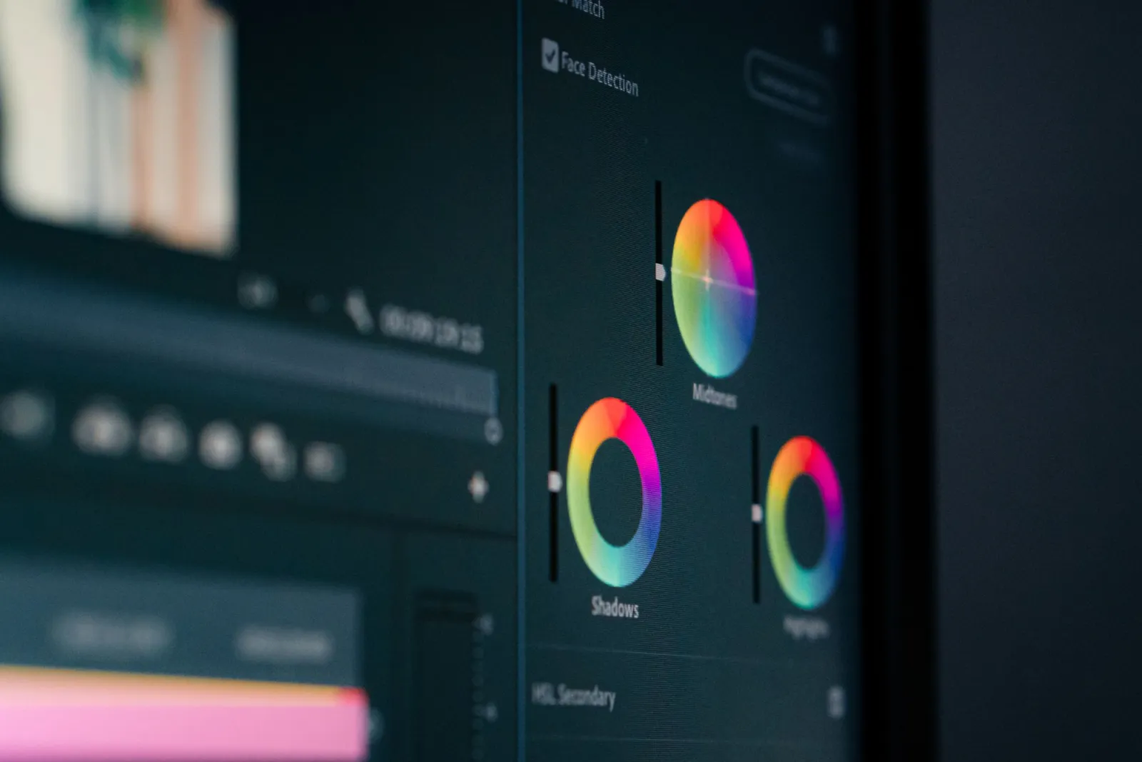 Close-up of color grading and color correction wheels on a monitor