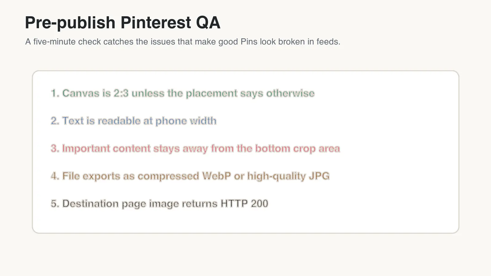Pre-publish Pinterest QA checklist for canvas ratio, text readability, crop safety, compression, and HTTP status