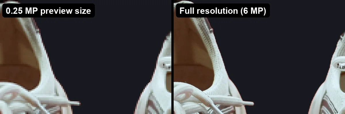 Same sneaker detail at 0.25 megapixel preview size and at full 6 megapixel resolution, side by side
