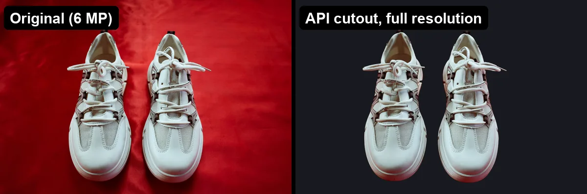 White sneakers on red satin beside the API cutout on a dark background, with lace loops and mesh intact