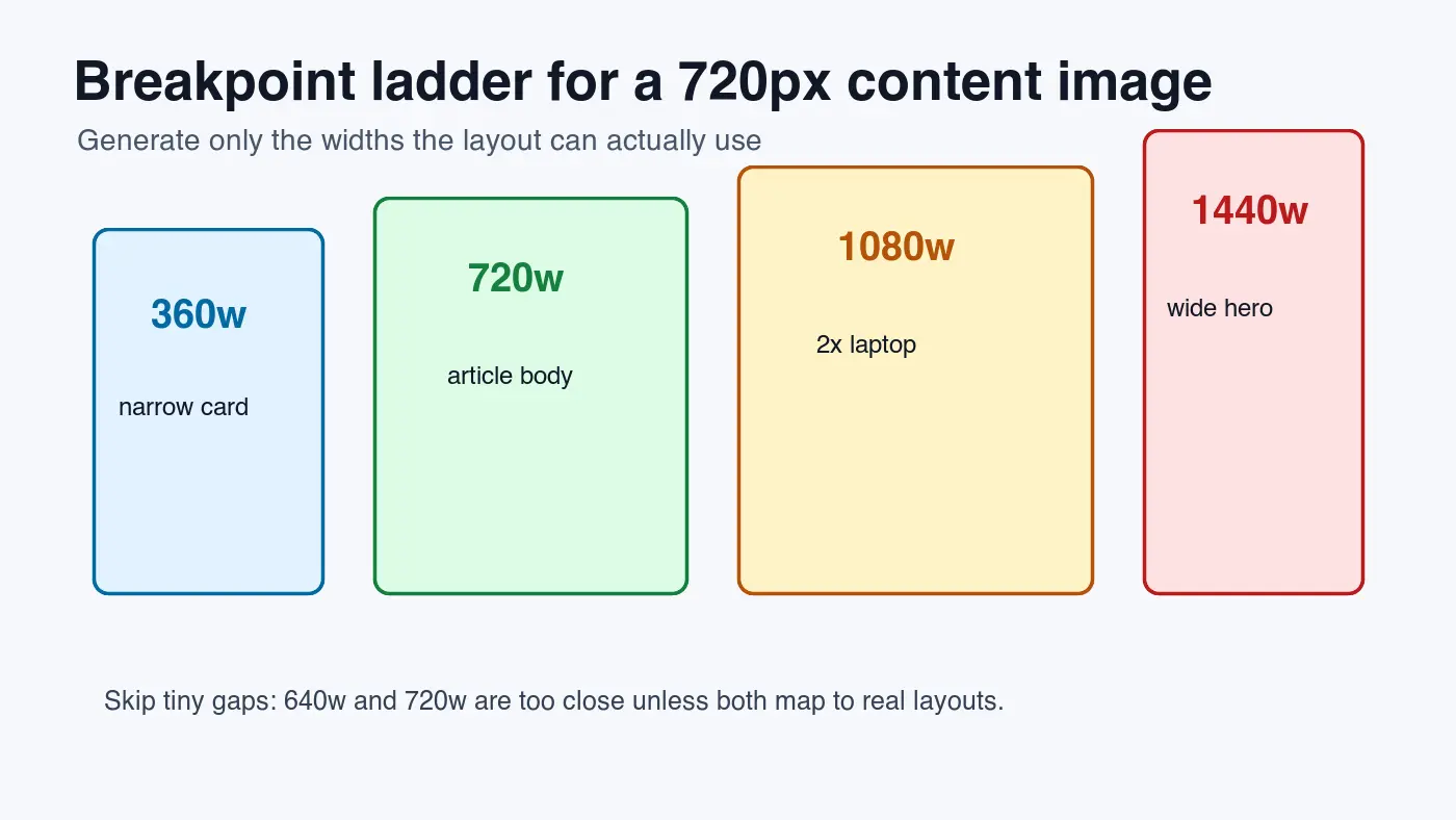 Breakpoint ladder graphic showing 360w, 720w, 1080w, and 1440w variants for a 720px content image slot