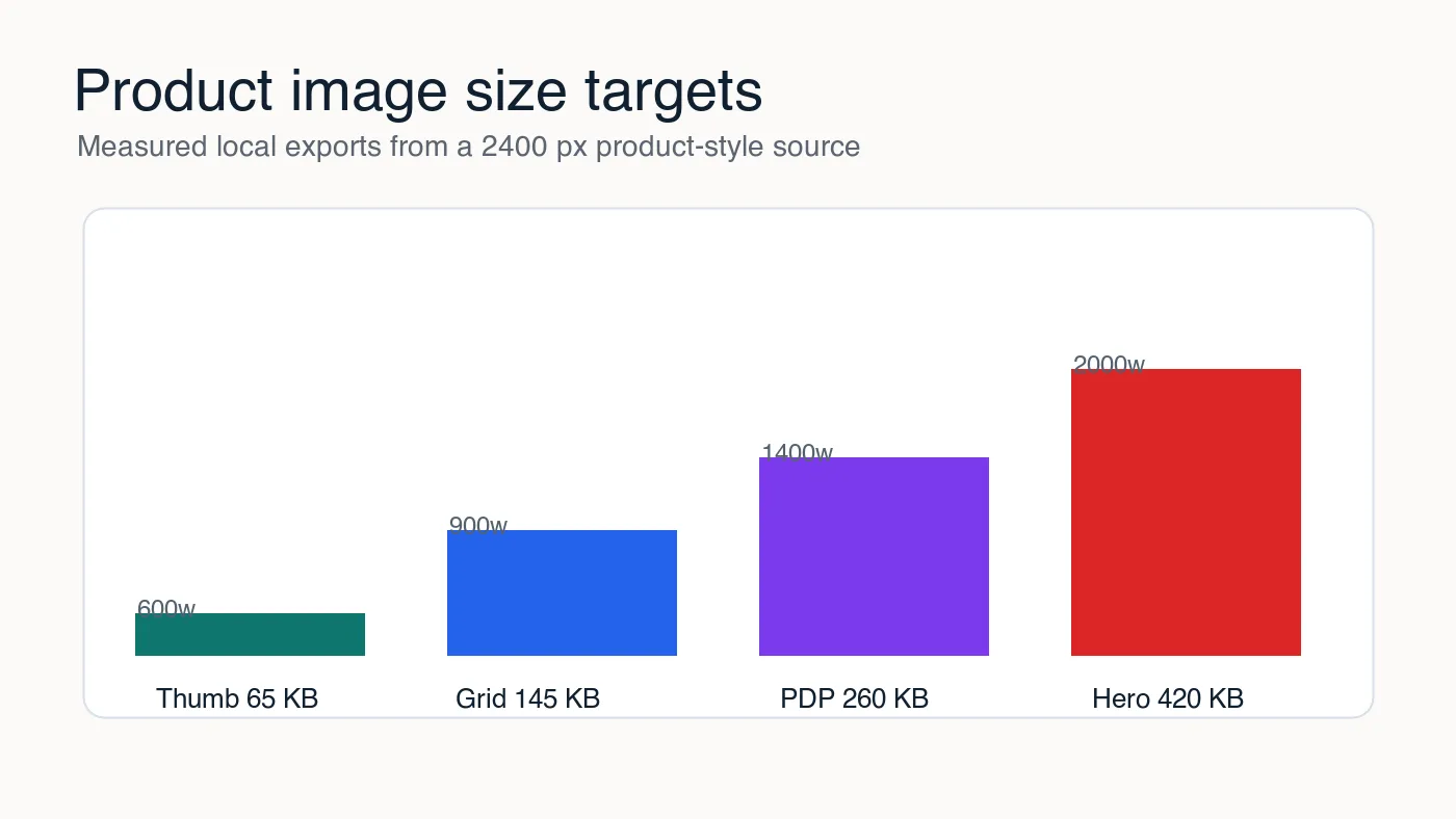 Bar chart showing practical Shopify image byte targets for thumbnails, collection grids, product pages, and hero images