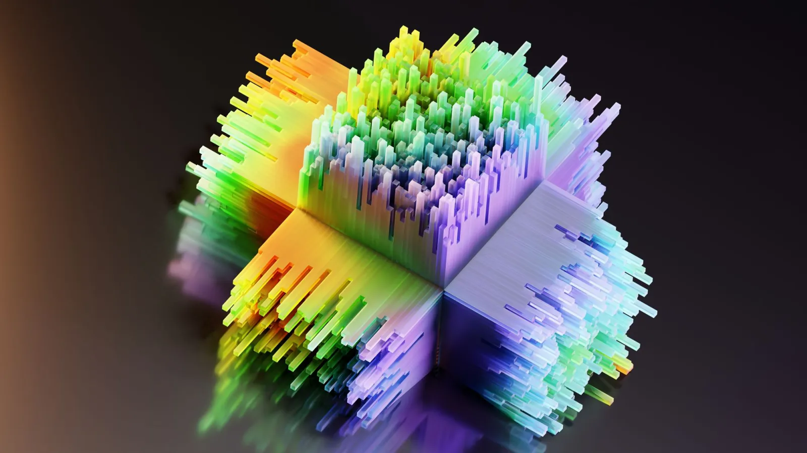 Vibrant geometric 3D shape with rainbow colors on a dark background showing abstract generative art