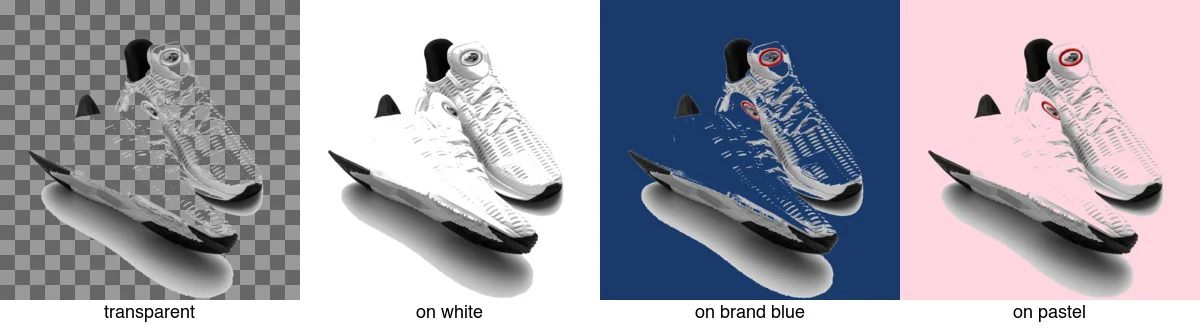 One transparent product cutout placed on a checkerboard, white, brand blue, and pastel backdrops