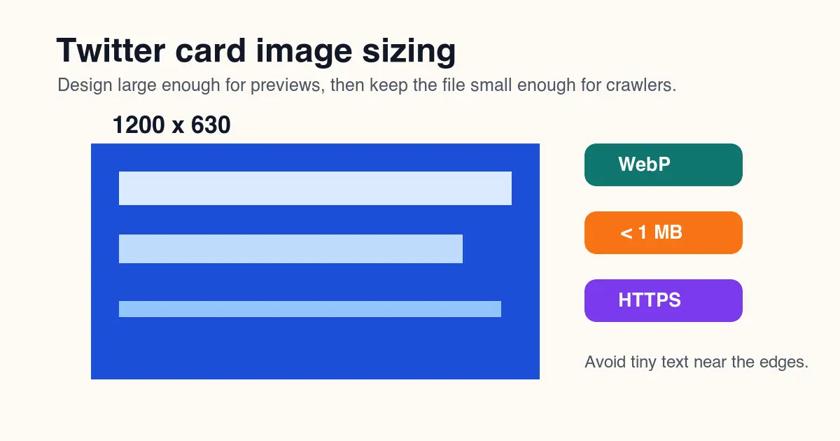 Graphic showing a 1200 by 630 Twitter card image with WebP, file size, HTTPS, and edge-safe design notes