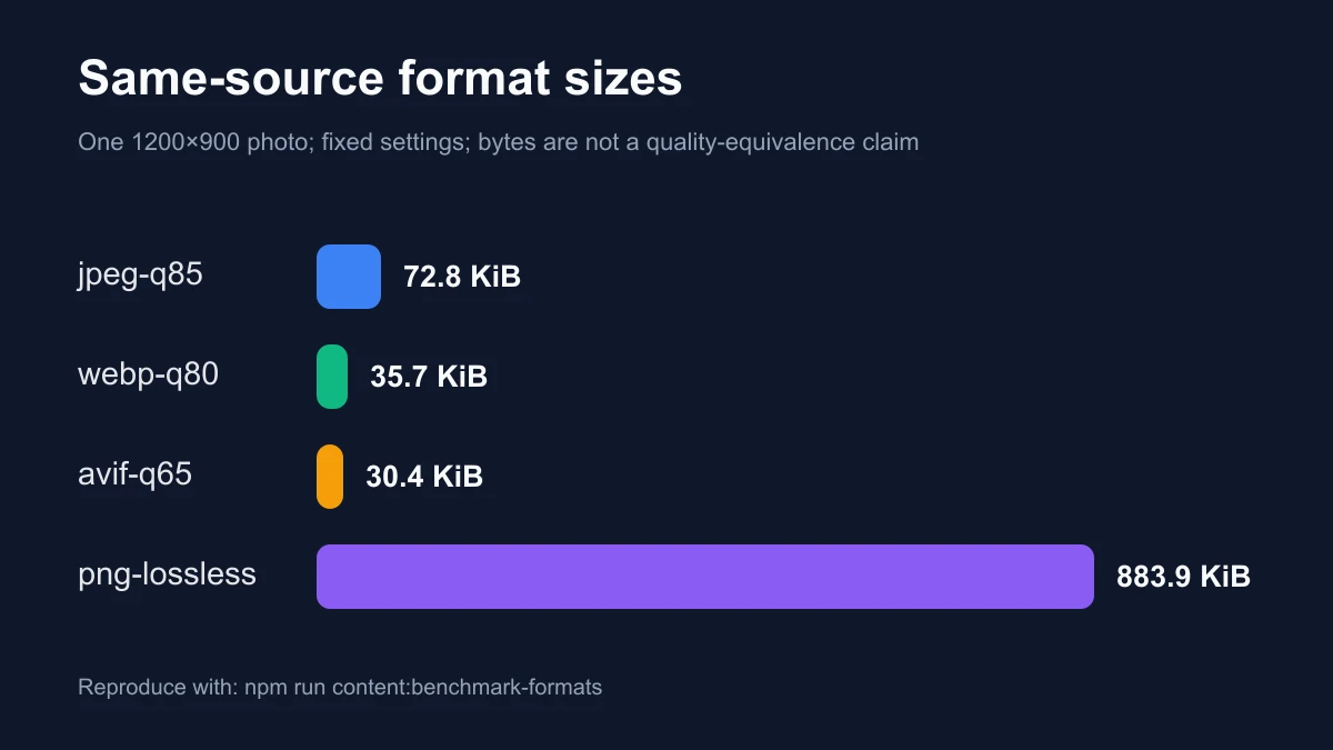 Same-source sizes for JPEG q85, WebP q80, and lossless PNG; fixed settings are not perceptual equivalents