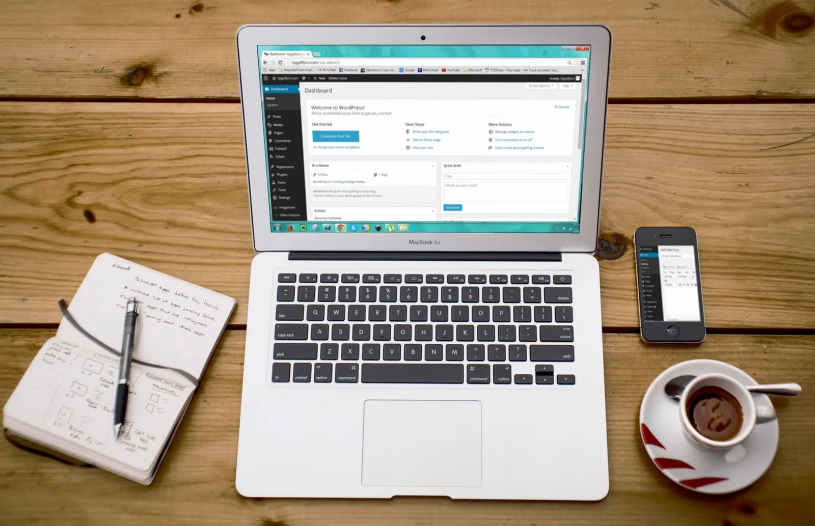 Cozy home office with a laptop open on a WordPress blog post
